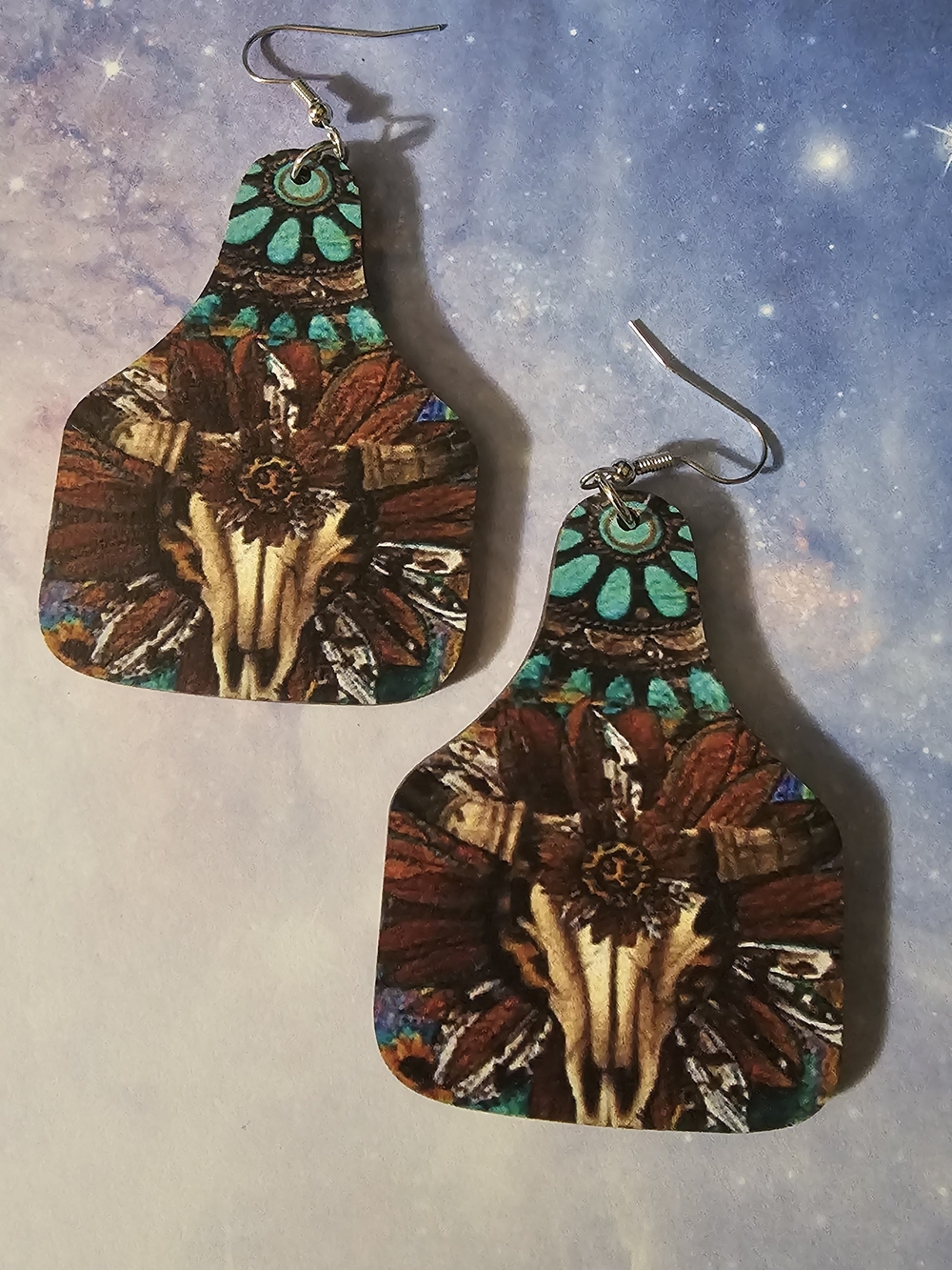 Boho Turquoise & Brown Bull Skull Wooden Dangle Earrings